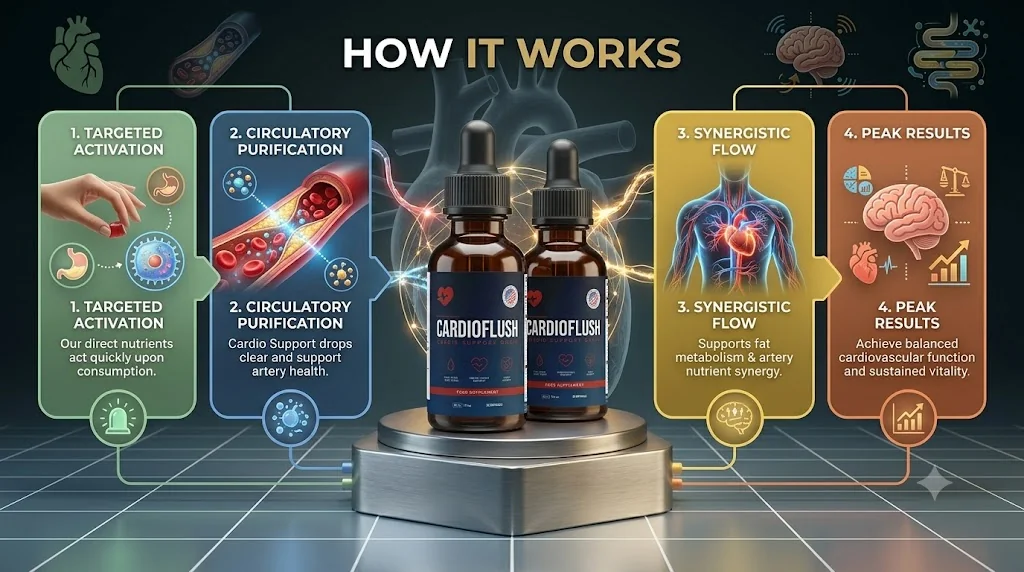 Brand infographic: how CardioFlush works in four steps, targeted activation, circulatory purification, synergistic flow and peak results